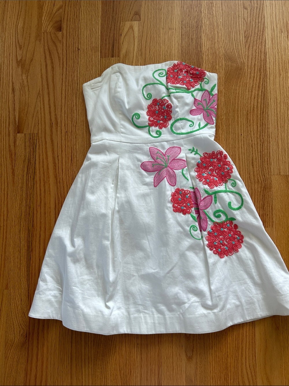 Lilly Pulitzer White Strapless Dress with Pink & Red Floral Embroidery